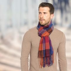 Rust & Blue Mens Check Tassel Scarf